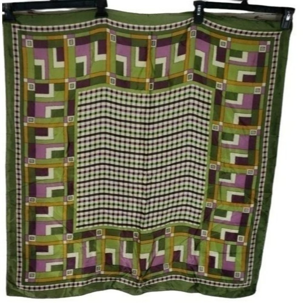 Women's Green Geometric Plaid Square Purple Astract Art‎ Work Statement Scarf